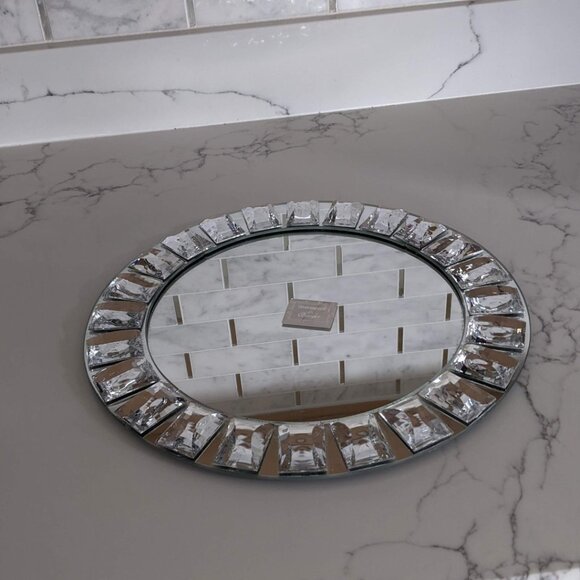 one 13" Round Mirror glass Charger Plate CrystalRim Wedding Jewelry Serving Tray - Picture 1 of 7
